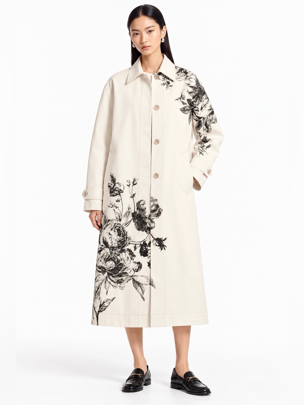 Anewsta Cream Black Floral Print Long Coat Jacket Size M US 6 NWT